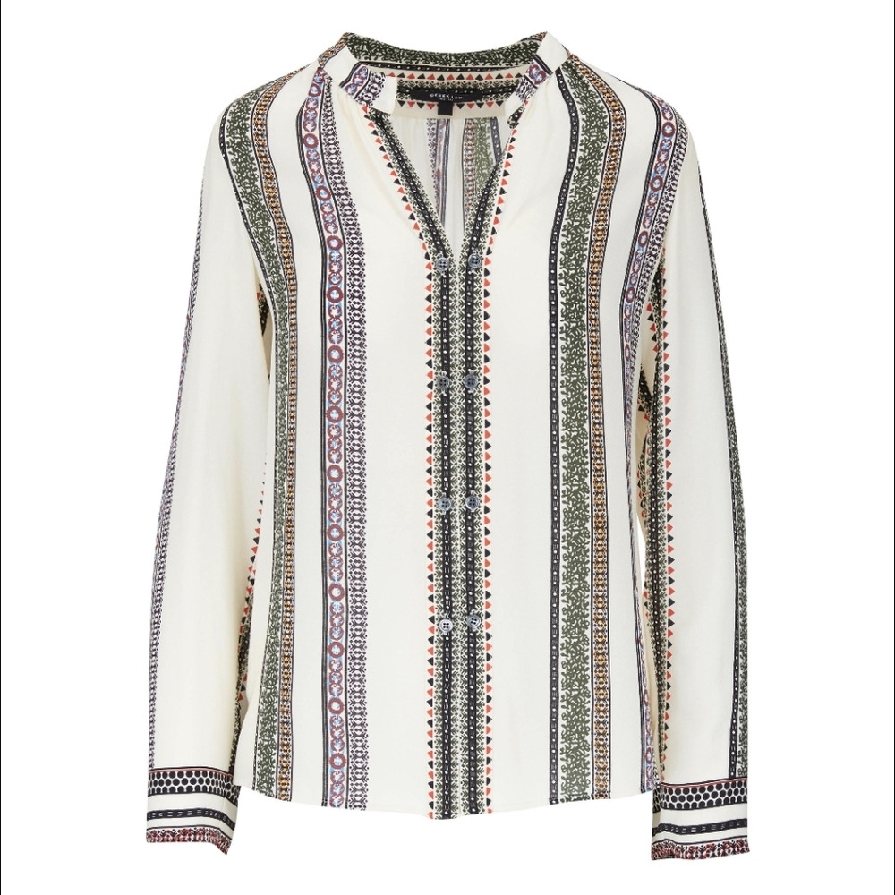 Derek Lam Ivory Printed Striped Long Sleeve Blouse